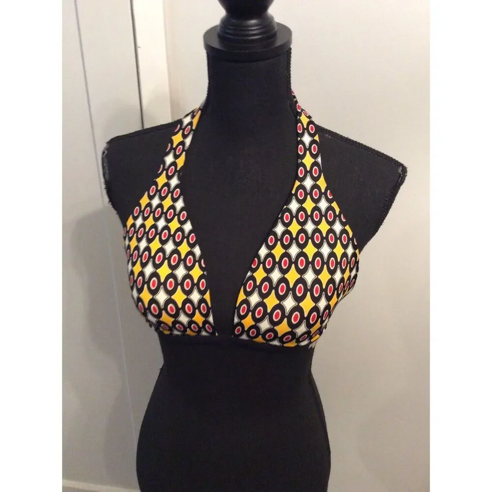 Victoria's Secret 36B Swimwear Top Red Black Yellow Print Halter Bikini VNC